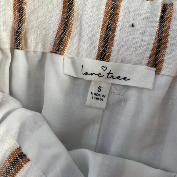 Love Tree Striped Button Front Mini Skirt White Tan Linen Blend Paperbag Waist S - Picture 3 of 5